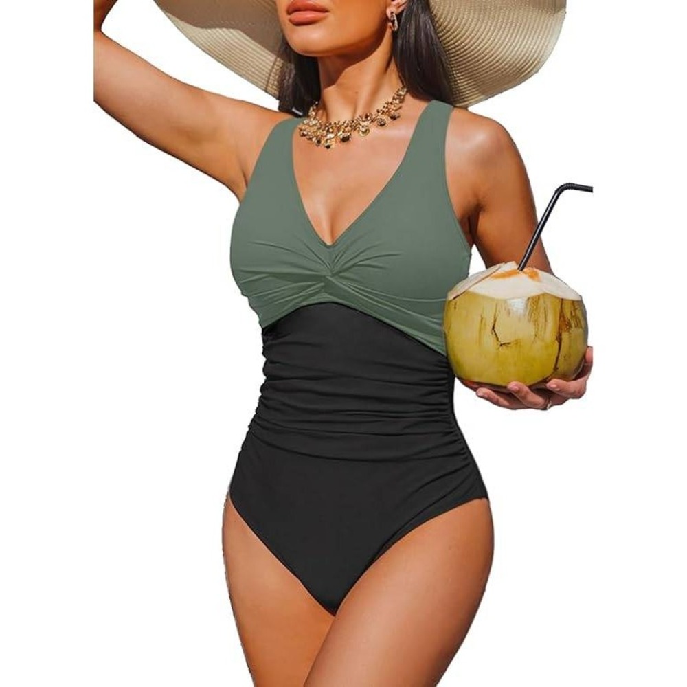 Holipick Womens One Piece Swimsuit Sage Green Black V-Neck Medium Tummy‎ Control